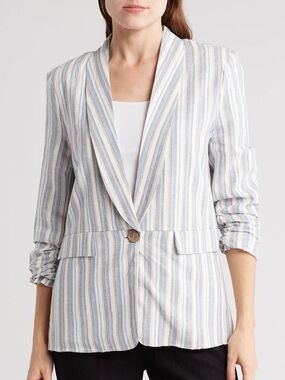 Ellen Tracy Ruched Sleeve Linen Blend Striped Blazer